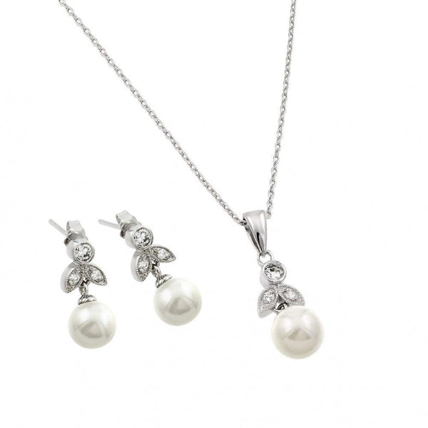Silver 925 Rhodium Plated Pearl Flower Set