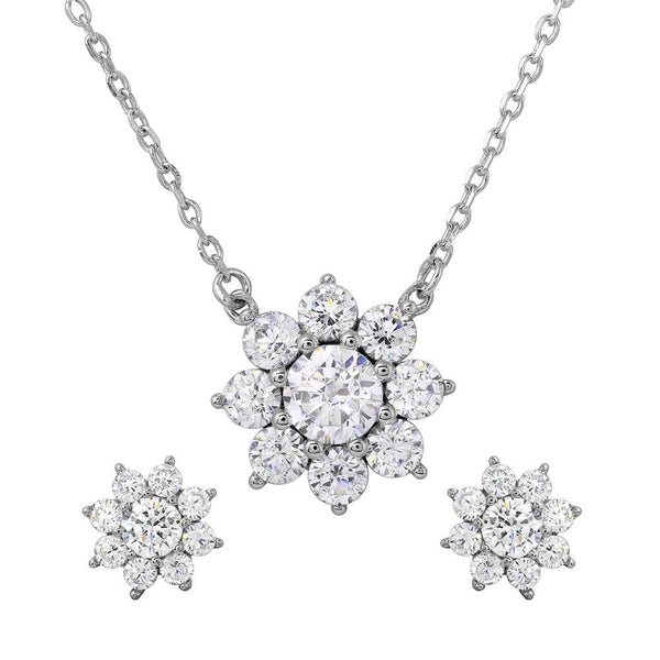 Silver 925 Rhodium Plated Snow Flakes CZ Earrings and Necklace Set