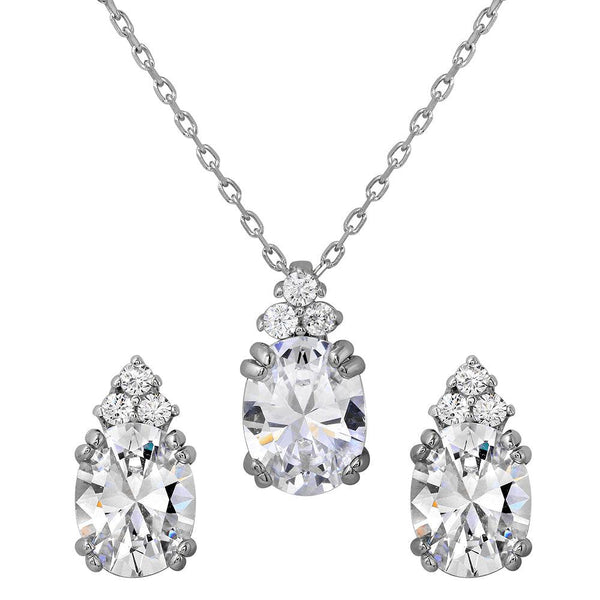 Silver 925 Rhodium Plated Oval CZ Earrings and Necklace Set