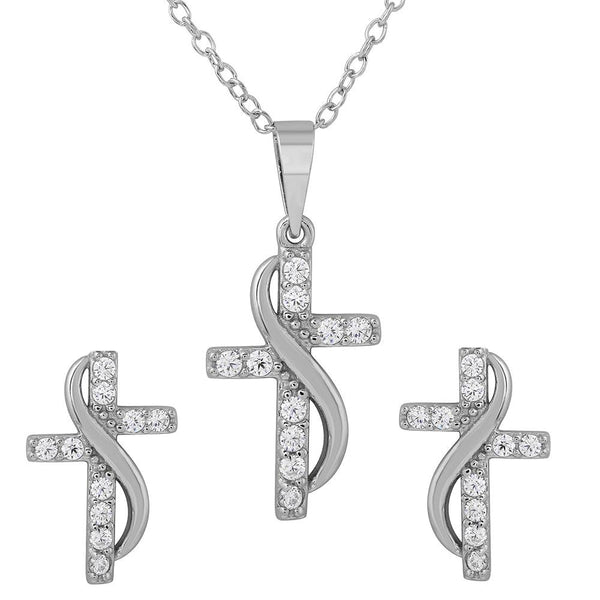 Silver 925 Rhodium Plated CZ Cross With Sash Earrings And Necklace Set