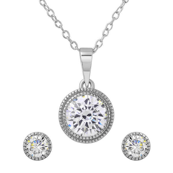 Silver 925 Rhodium Plated Round CZ Earring and Necklace Set