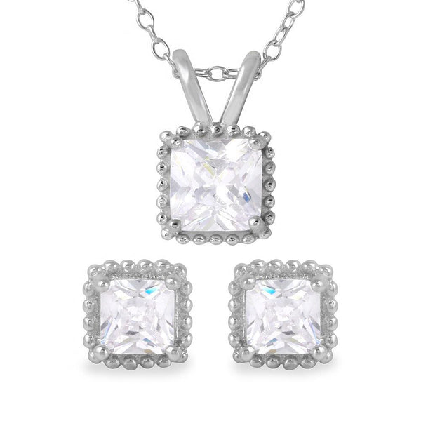 Silver 925 Rhodium Plated Square CZ Earrings and Necklace Set