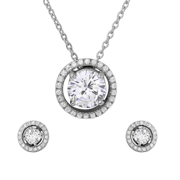 Silver 925 Rhodium Plated Halo CZ Round Earrings and Necklace Set