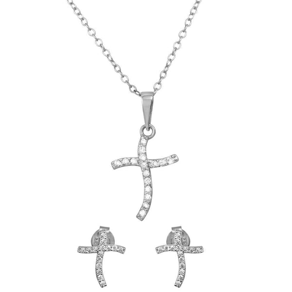 Rhodium Plated 925 Sterling Silver Wavy CZ Cross Set
