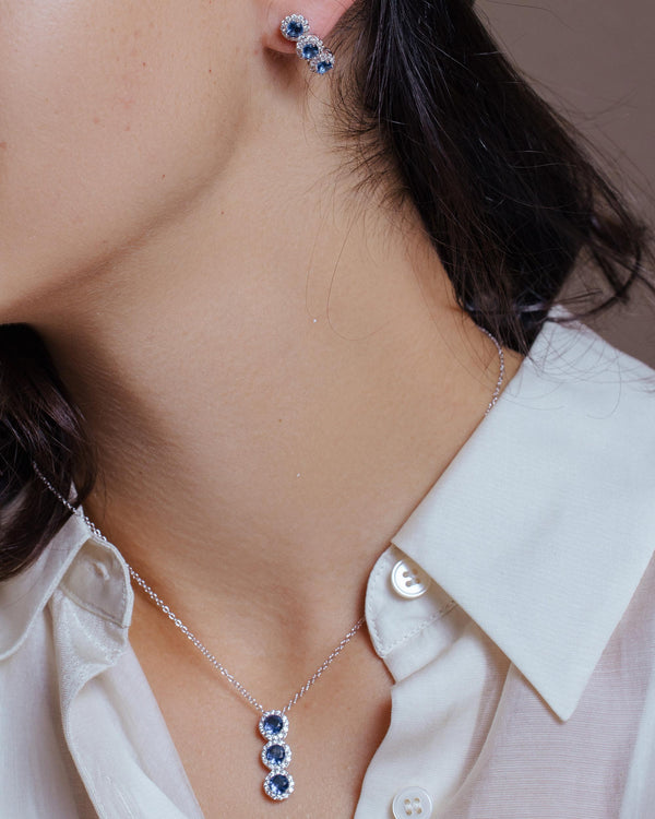 Rhodium Plated 925 Sterling Silver 3 Blue Stone CZ Stud Earring and Necklace Set