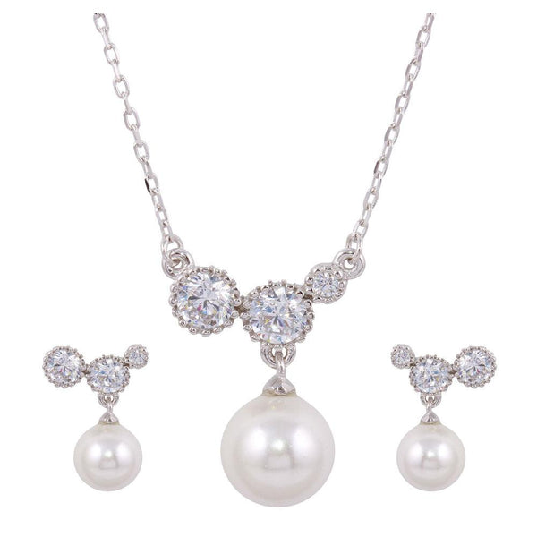 Rhodium Plated 925 Sterling Silver White Pearl Earring and Necklace with CZ
