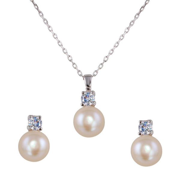 Rhodium Plated 925 Sterling Silver Synthetic Pearl Earring and Necklace Set with CZ