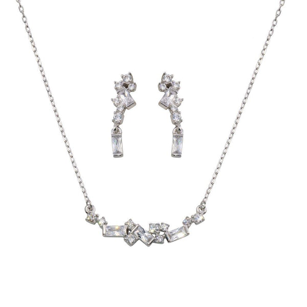 Rhodium Plated 925 Sterling Silver CZ and Baguette Stone Necklace and Earrings Set