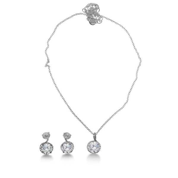 Rhodium Plated 925 Sterling Silver Clear CZ Earring and Necklace Set