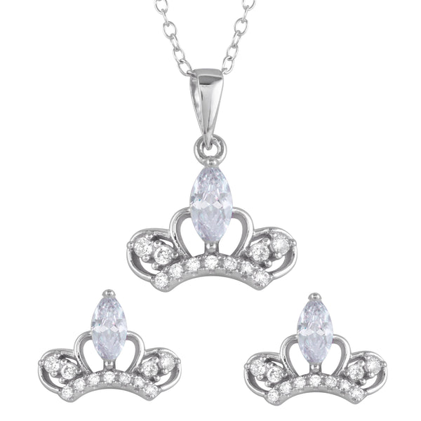 Rhodium Plated 925 Sterling Silver Clear CZ Crown Earrings and Necklace Set
