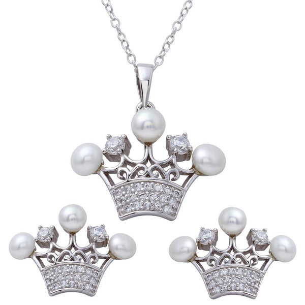 Rhodium Plated 925 Sterling Silver CZ Crown Pendant and Earrings Set with Synthetic Pearls