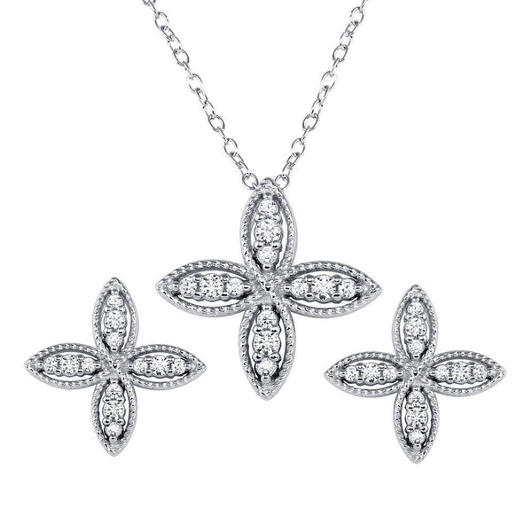 Rhodium Plated 925 Sterling Silver Four Petal Flower Necklace and Earrings Set