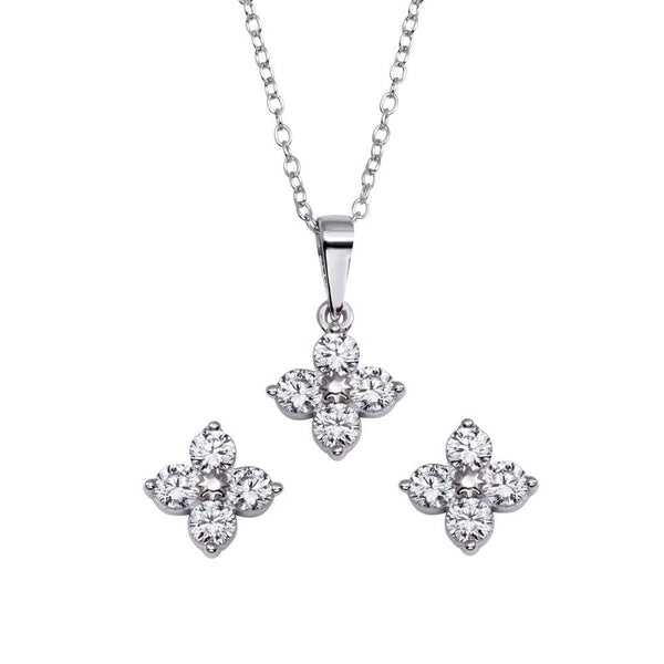 Rhodium Plated 925 Sterling Silver CZ Flower Pendant Necklace and Stud Earrings Set