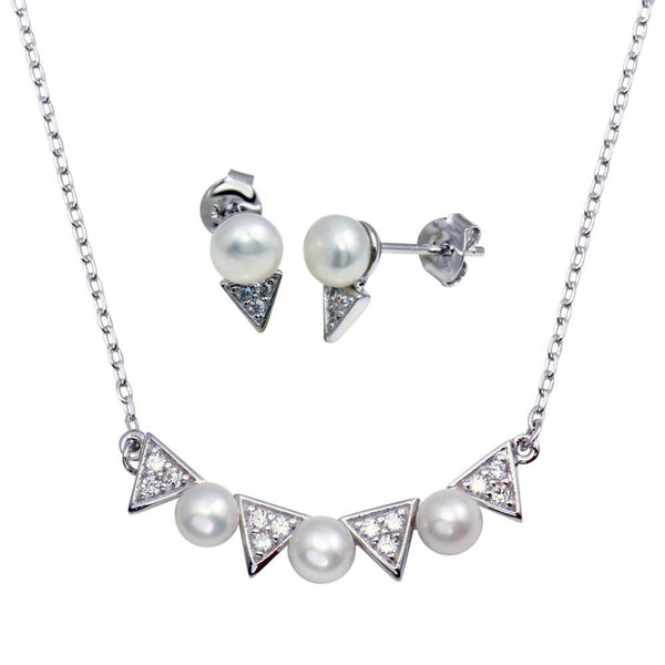 Rhodium Plated 925 Sterling Silver Triangle and Synthetic Pearl Pendant Necklace and Stud Earrings Set