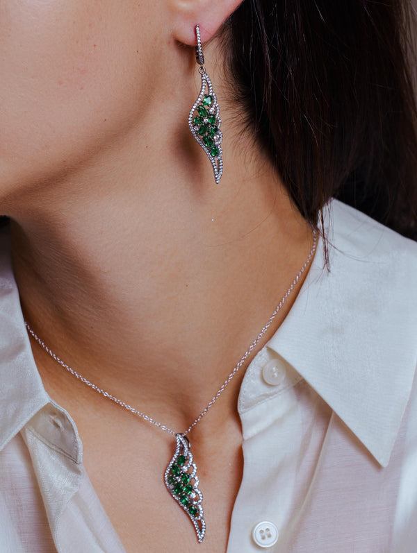 Black Rhodium Plated 925 Sterling Silver Wing Pendant and Earrings Set with Green CZ