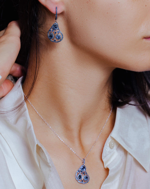 Rhodium Plated 925 Sterling Silver Dangling Pear-Shaped Necklace and Earrings Set with Blue CZ