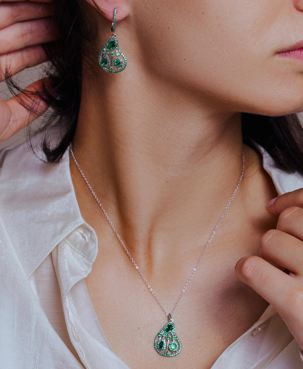 Rhodium Plated 925 Sterling Silver Dangling Pear-Shaped Necklace and Earrings Set with Green CZ
