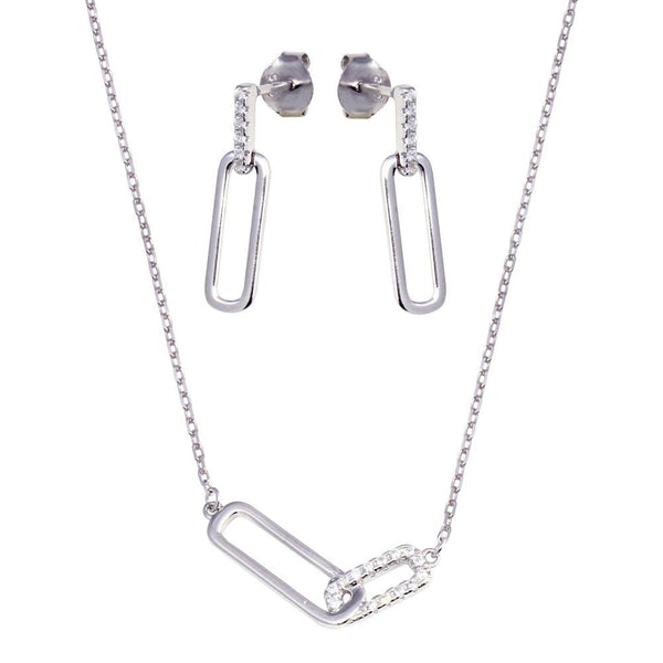 Rhodium Plated 925 Sterling Silver Bar Necklace and Earring Set with Clear CZ Stones