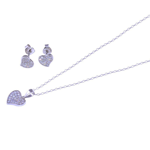 Rhodium Plated 925 Sterling Silver Curved Heart Necklace and Earring Set with Clear CZ Stones