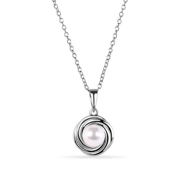 Rhodium Plated 925 Sterling Silver Round Swirl Design Syntethic Mother of Pearl Necklace and Stud Earring Matching Set