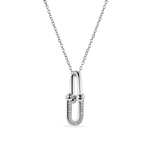 Rhodium Plated 925 Sterling Silver Round Bow Paperclip Clear CZ Necklace and Hoop Earring Matching Set