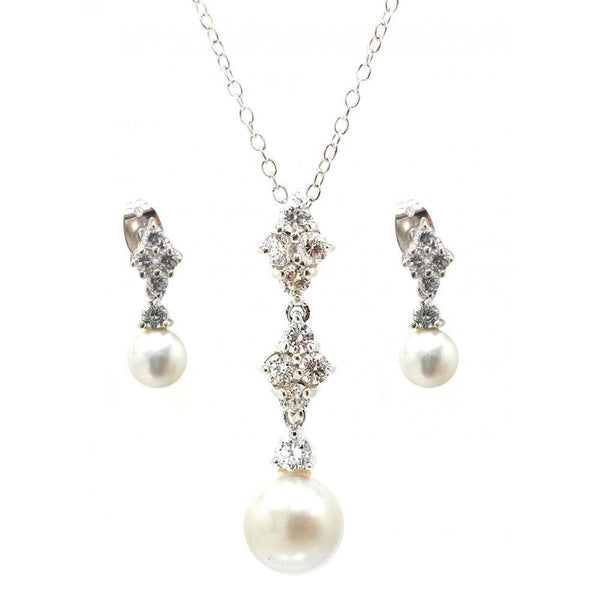 Silver 925 Rhodium Plated Ornate Pearl Clear CZ Stud Dangling Earring and Dangling Necklace Set