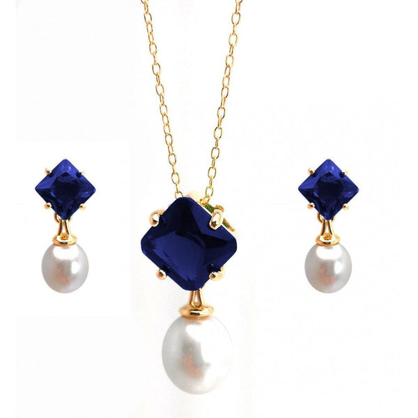 Silver 925 Gold Plated Pearl Drop Diamond Shaped Blue CZ Dangling Stud Earring and Dangling Necklace Set