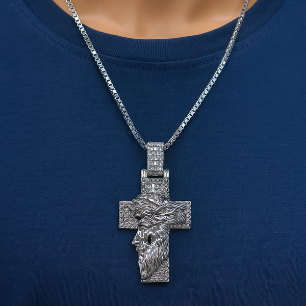 Rhodium Plated 925 Sterling Silver Jesus Christ Cross Baguette CZ Studded 38mm x 60mm Pendant