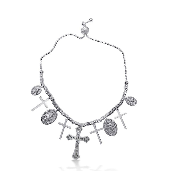 Rhodium Plated 925 Sterling Silver Cross and Medallion Charm Bracelet