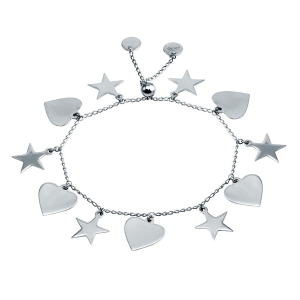 Rhodium Plated 925 Sterling Silver Heart and Star Dangling Bracelet