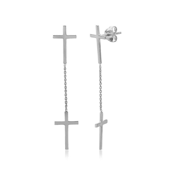 Silver 925 Rhodium Plated Double Hanging Cross Earrings