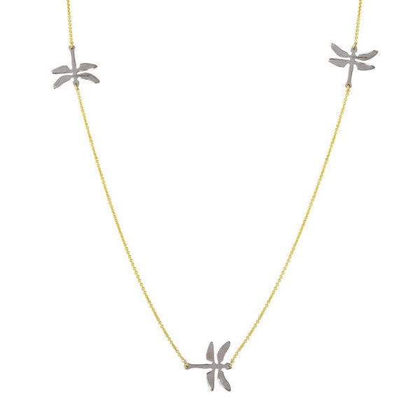 Rhodium Plated 925 Sterling Silver and Gold Plated Dragonfly Necklace