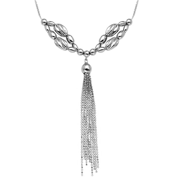 Rhodium Plated 925 Sterling Silver Multi Beaded Necklace with Tassel End