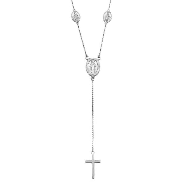 Rhodium Plated 925 Sterling Silver Religious Charms Necklace with Cross Drop