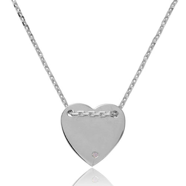 Rhodium Plated 925 Sterling Silver Engravable Heart Shaped Necklace with CZ