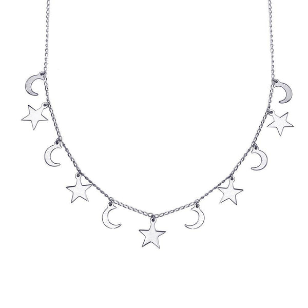Rhodium Plated 925 Sterling Silver Dangling Star and Moon Chain Necklace