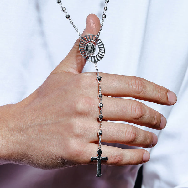 High Polished 925 Sterling Diamond Cut Beads Virgin Mary Cross Rosary Necklace