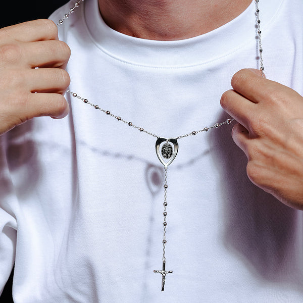 High Polished 925 Sterling Diamond Cut Beads Heart Virgin Mary Cross Rosary Necklace