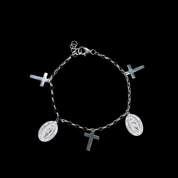 High Polished 925 Sterling Silver Guadalupe and Cross Adjustable Bracelet