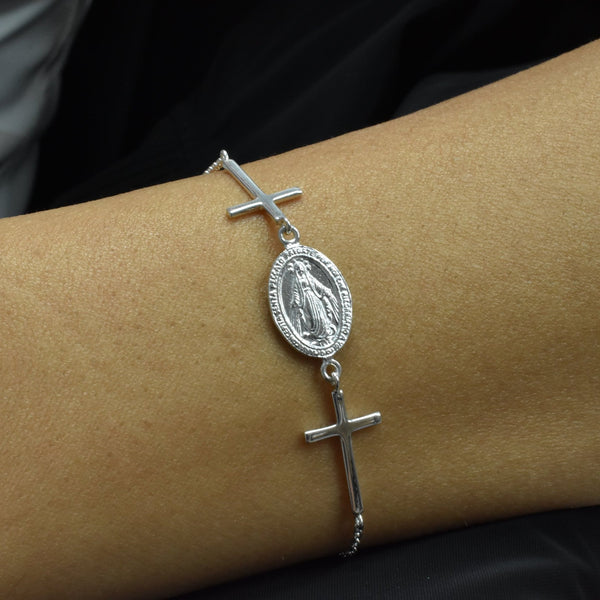 High Polished 925 Sterling Silver Maria Concepita Miraculous Medaland Cross Adjustable Bracelet