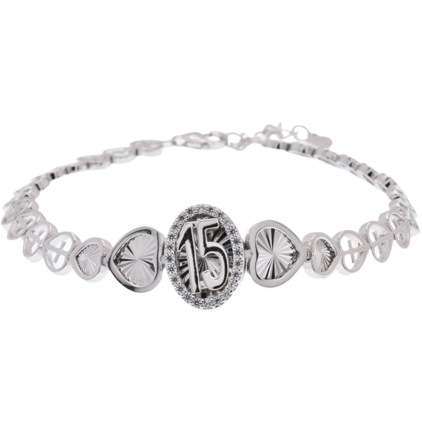 Rhodium Plated 925 Sterling Silver 6.9mm Quinceañera Clear CZ Diamond Cut Heart Cross Chain Adjustable Bracelet