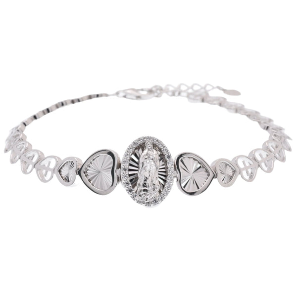 Rhodium Plated 925 Sterling Silver 6.9mm Our Lady of Guadalupe Clear CZ Diamond Cut Heart Cross Chain Adjustable Bracelet