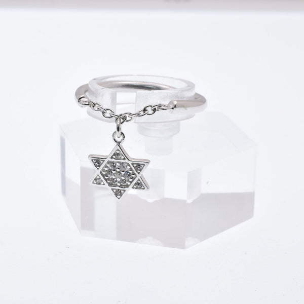 925 Sterling Silver Nickel Free Rhodium Plated Half Ring Chain Dangling Star of David Clear CZ Ring