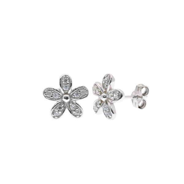 Rhodium Plated 925 Sterling 5 Petal Flower CZ 9.3mm Stud Earring