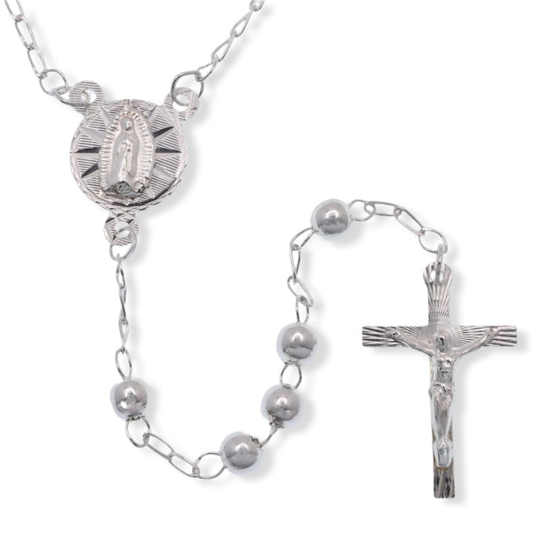 High Polished 925 Sterling Silver 3mm Smooth Bead Diamond Cut 10.5mm x 18mm Cross Rosary
