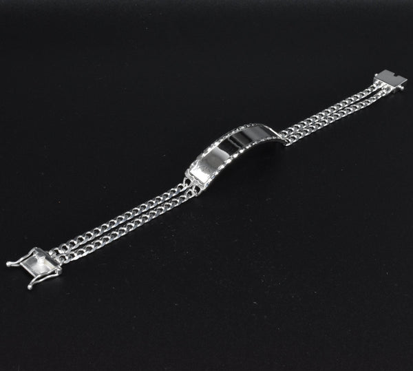 925 Sterling Silver Two Strand Curb 9.2mm Textured Border ID Bracelet