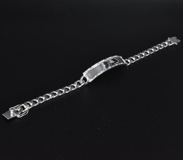 925 Sterling Silver Curb 7.8mm Textured Border ID Bracelet