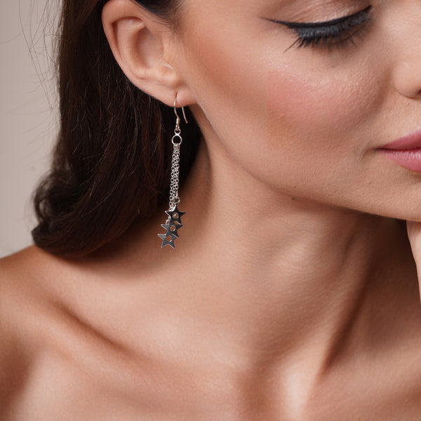 Silver 925 Rhodium Plated Three Wire Dangling Open Stars Hook Earrings