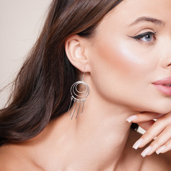 Silver 925 Rhodium Plated Multiple Graduated Open Circle Wire Dangling Hanging Teardrop Hook Earrings