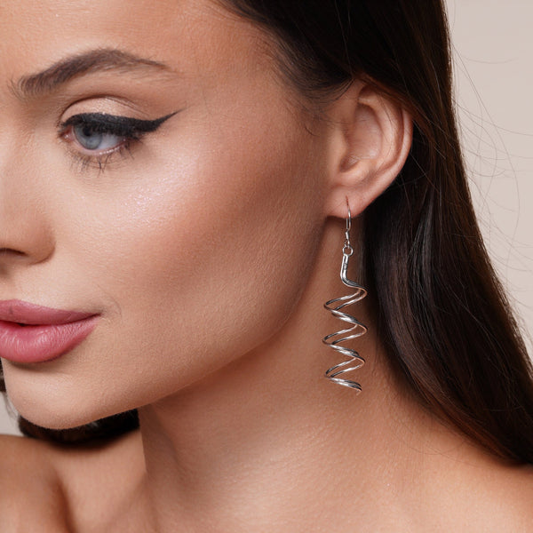 Silver 925 Rhodium Plated Double Dangling Spiral Hook Earrings